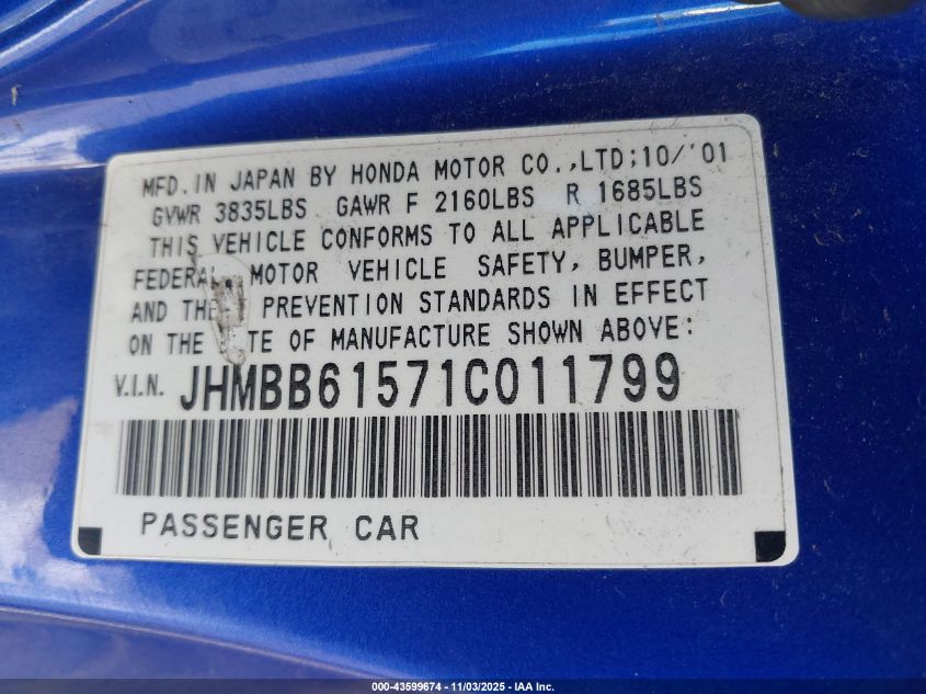 2001 Honda Prelude Type Sh VIN: JHMBB61571C011799 Lot: 43599674