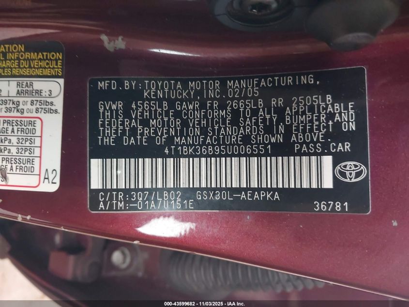 2005 Toyota Avalon Limited VIN: 4T1BK36B95U006551 Lot: 43599682