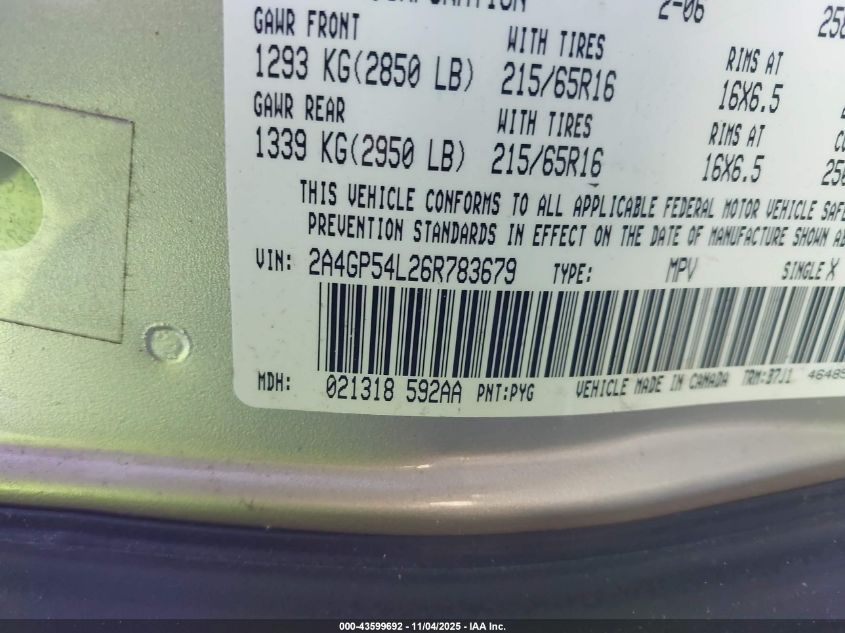 2006 Chrysler Town & Country Touring VIN: 2A4GP54L26R783679 Lot: 43599692