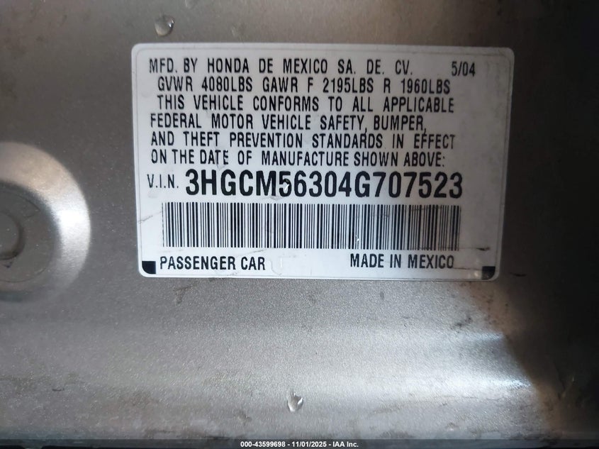 3HGCM56304G707523 2004 HONDA ACCORD photo no. 9