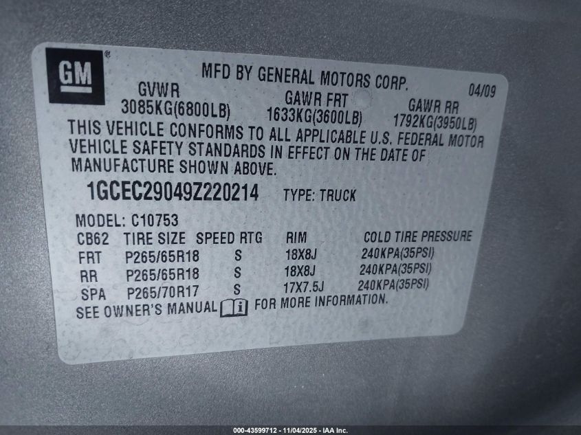 2009 Chevrolet Silverado 1500 Lt VIN: 1GCEC29049Z220214 Lot: 43599712