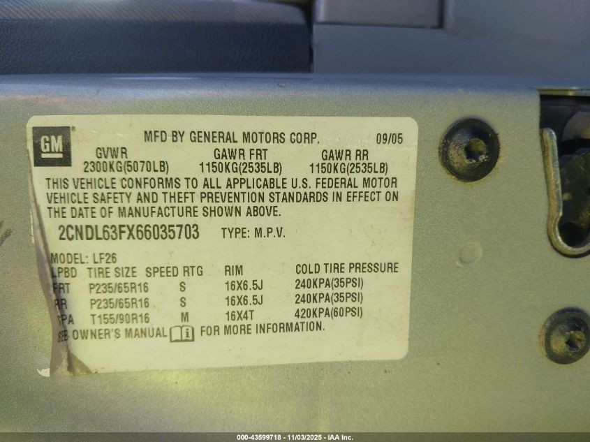 2006 Chevrolet Equinox Lt VIN: 2CNDL63FX66035703 Lot: 43599718