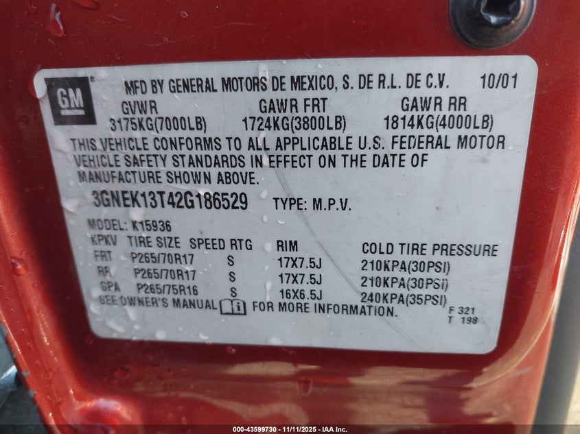 2002 Chevrolet Avalanche 1500 VIN: 3GNEK13T42G186529 Lot: 43599730