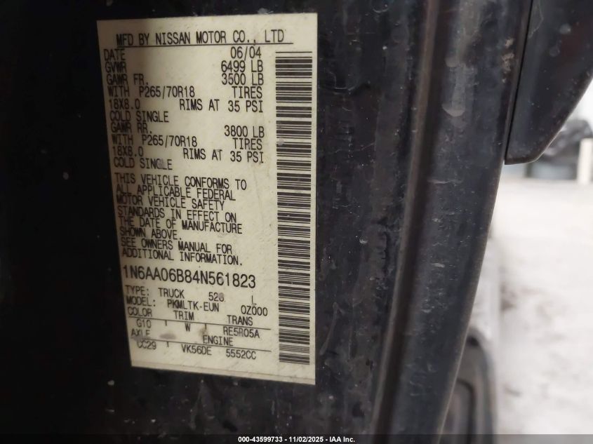 2004 Nissan Titan Se VIN: 1N6AA06B84N561823 Lot: 43599733