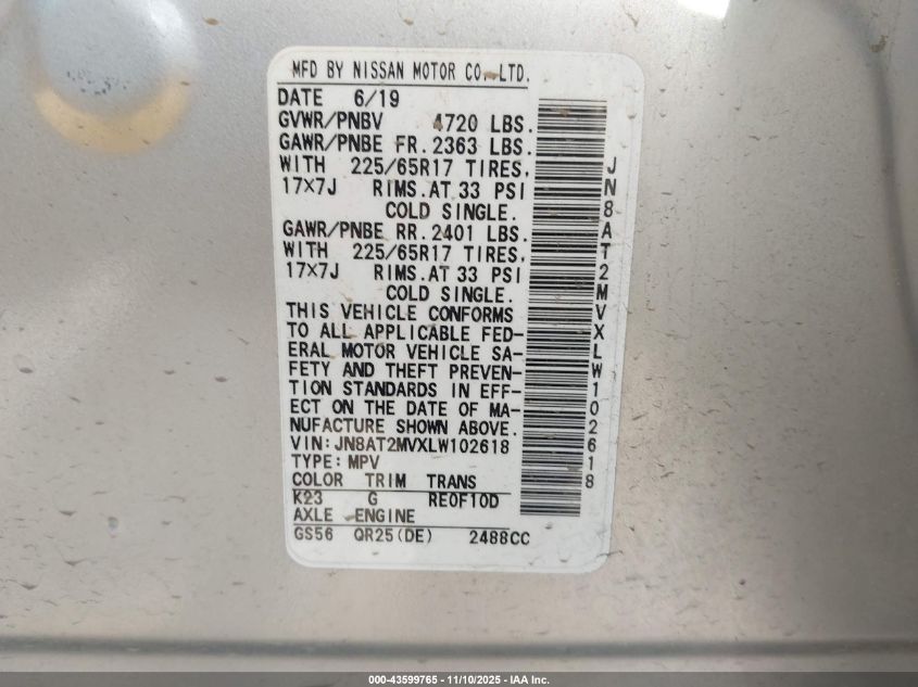 2020 Nissan Rogue Sv Intelligent Awd VIN: JN8AT2MVXLW102618 Lot: 43599765