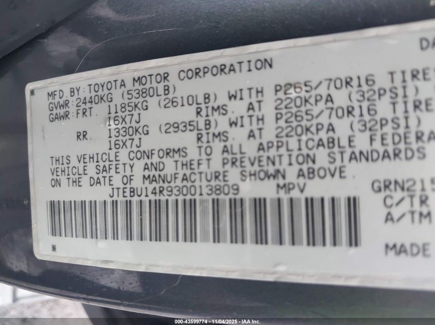 2003 Toyota 4Runner Sr5 Sport V6 VIN: JTEBU14R930013809 Lot: 43599774