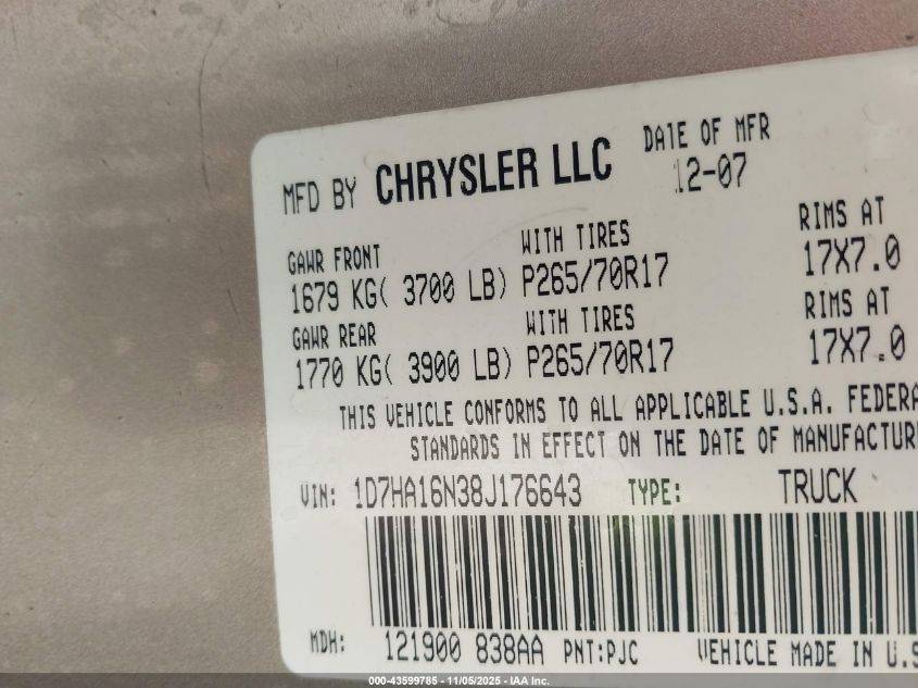 2008 Dodge Ram 1500 St/Sxt VIN: 1D7HA16N38J176643 Lot: 43599785