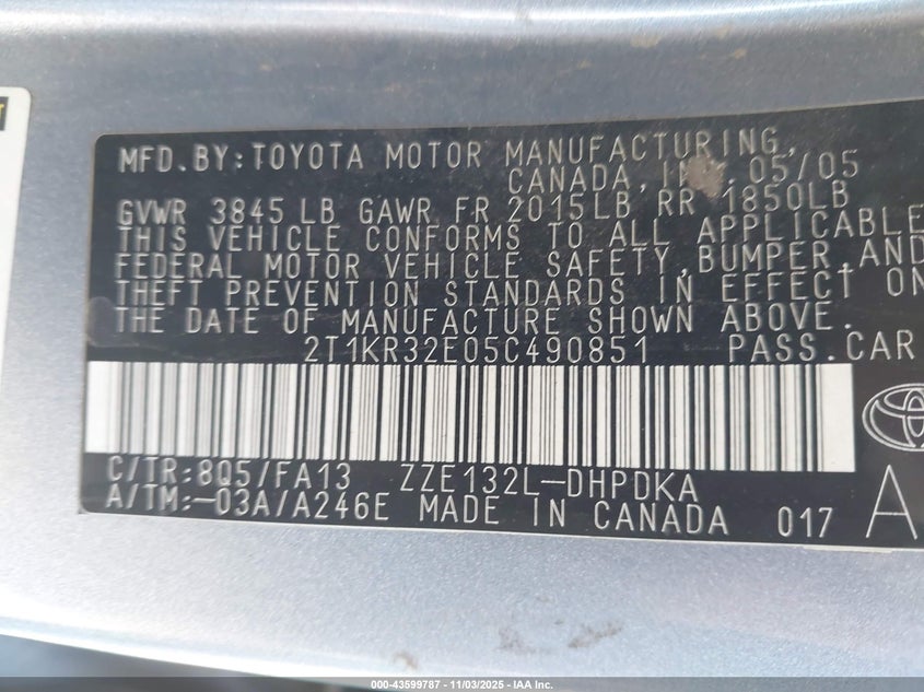 2005 Toyota Matrix VIN: 2T1KR32E05C490851 Lot: 43599787