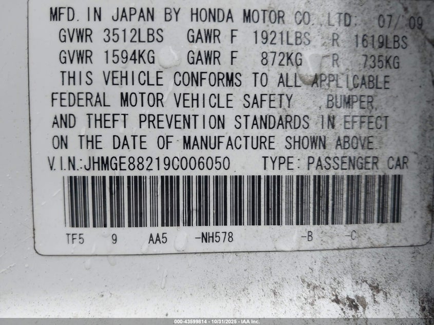 2009 Honda Fit VIN: JHMGE88219C006050 Lot: 43599814