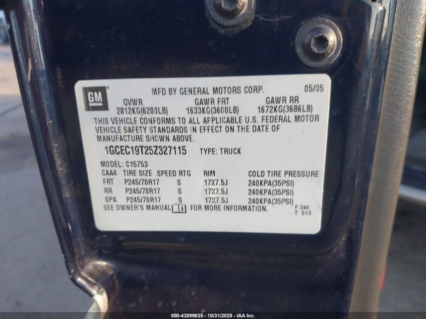 2005 Chevrolet Silverado 1500 Ls VIN: 1GCEC19T25Z327115 Lot: 43599835