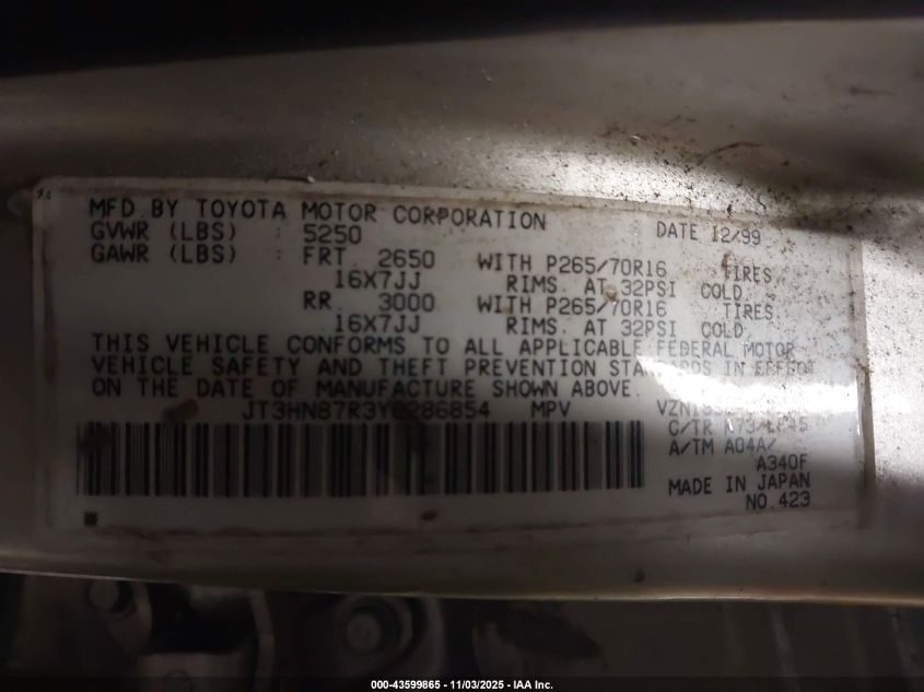 2000 Toyota 4Runner Limited V6 VIN: JT3HN87R3Y0286854 Lot: 43599865