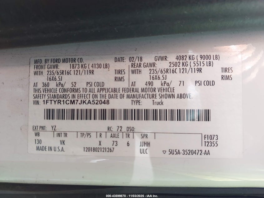 2018 FORD TRANSIT-250 1FTYR1CM7JKA52048