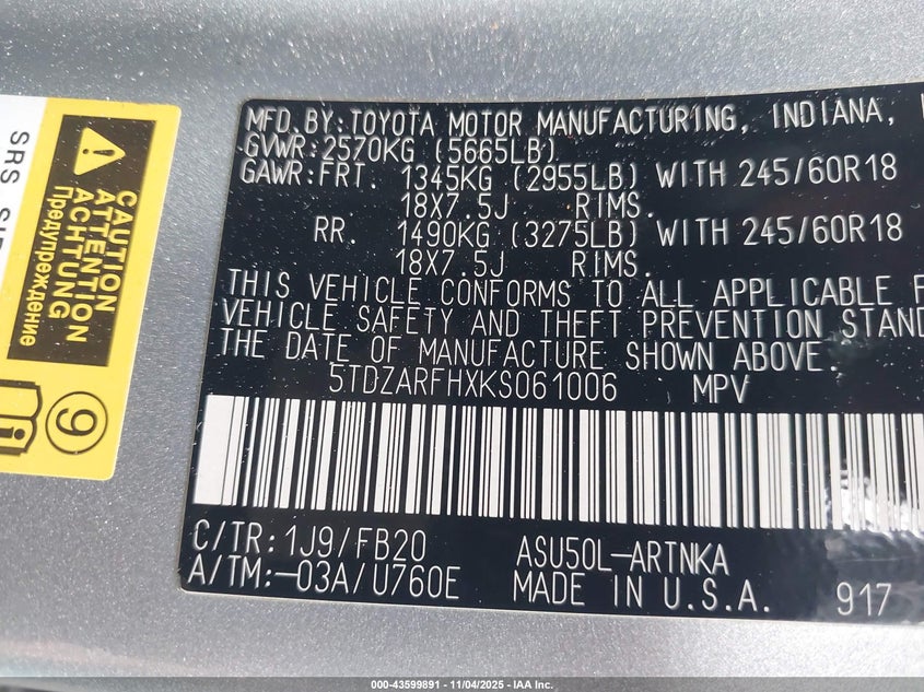 2019 TOYOTA HIGHLANDER LE - 5TDZARFHXKS061006