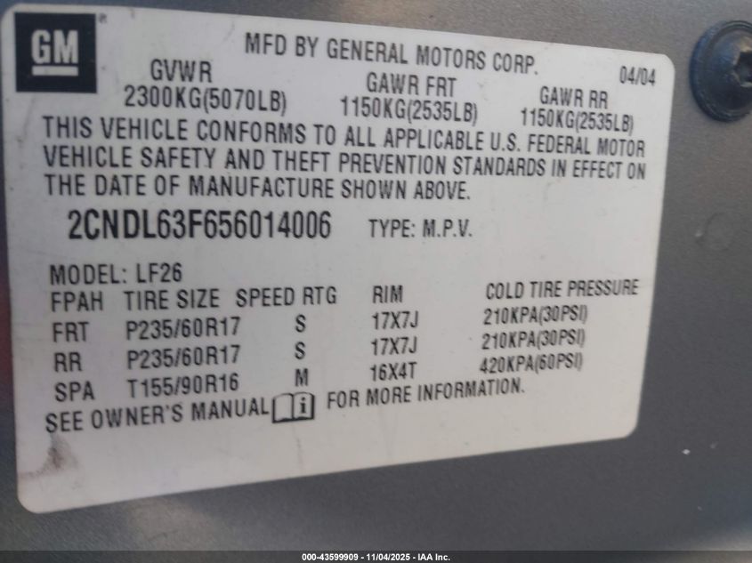 2005 Chevrolet Equinox Lt VIN: 2CNDL63F656014006 Lot: 43599909