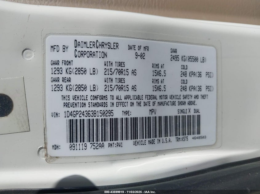 2003 Dodge Grand Caravan Se VIN: 1D4GP24363B150295 Lot: 43599919