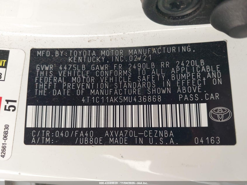 4T1C11AK5MU436868 2021 TOYOTA CAMRY photo no. 9
