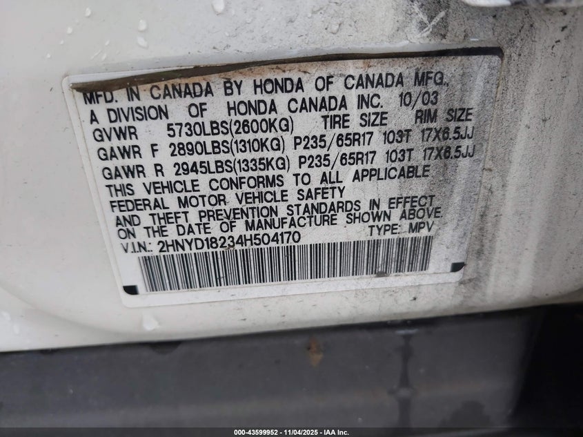 2004 Acura Mdx VIN: 2HNYD18234H504170 Lot: 43599952