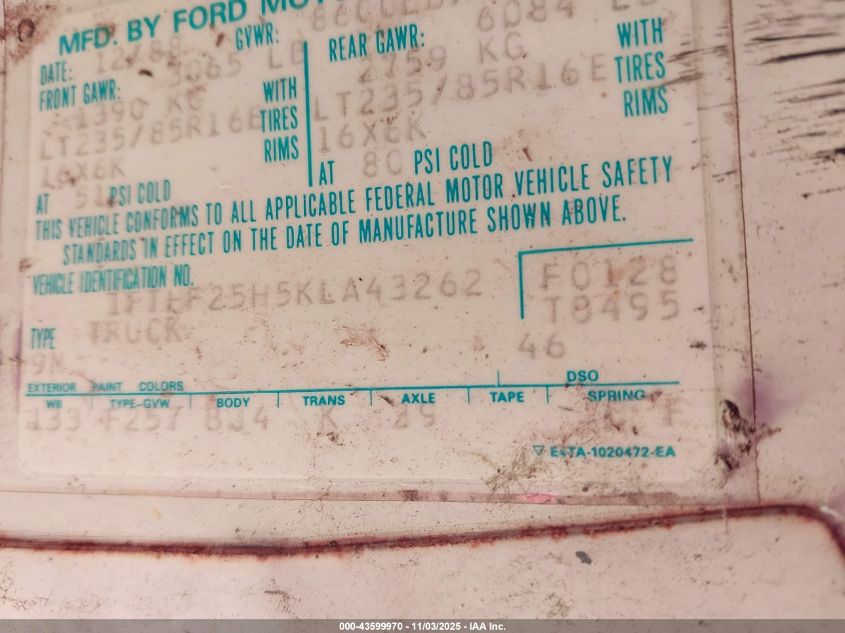 1989 Ford F250 VIN: 1FTHF25H5KLA43262 Lot: 43599970