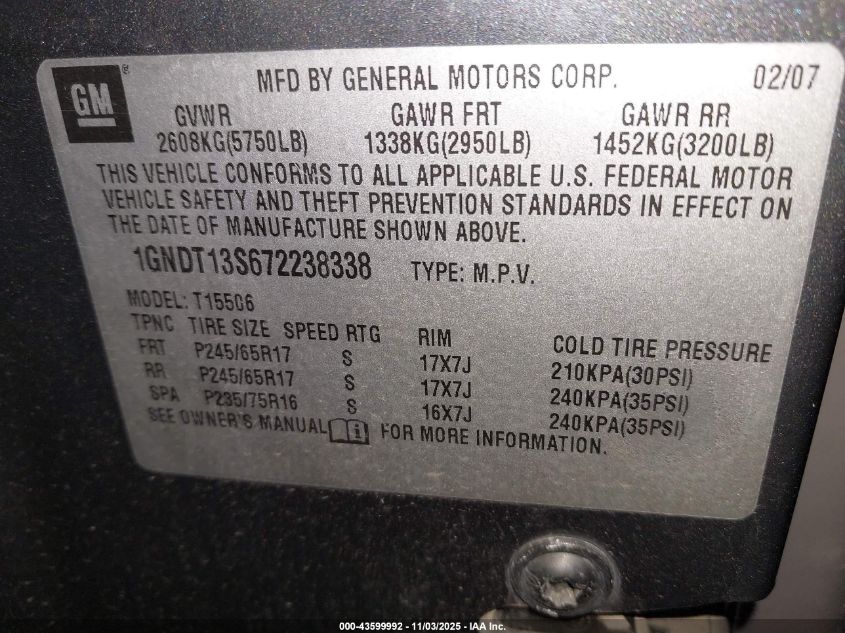 2007 Chevrolet Trailblazer Lt VIN: 1GNDT13S672238338 Lot: 43599992