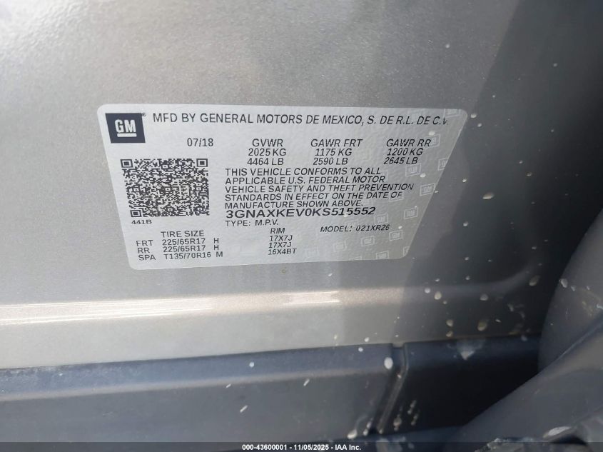 2019 CHEVROLET EQUINOX LT - 3GNAXKEV0KS515552