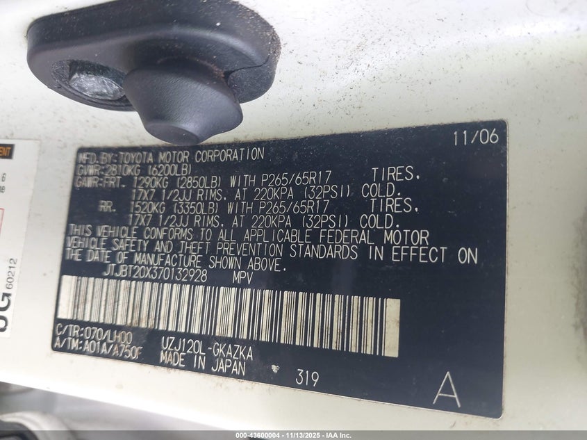 2007 Lexus Gx 470 VIN: JTJBT20X370132928 Lot: 43600004