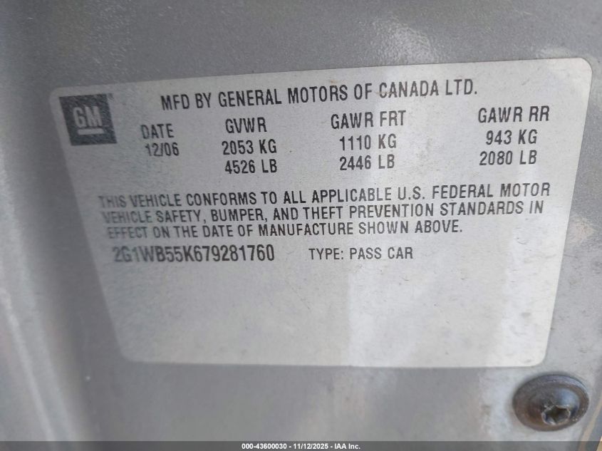 2007 Chevrolet Impala Ls VIN: 2G1WB55K679281760 Lot: 43600030