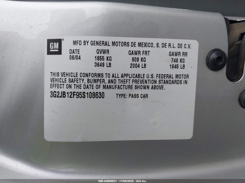 2005 Pontiac Sunfire VIN: 3G2JB12F95S108630 Lot: 43600031