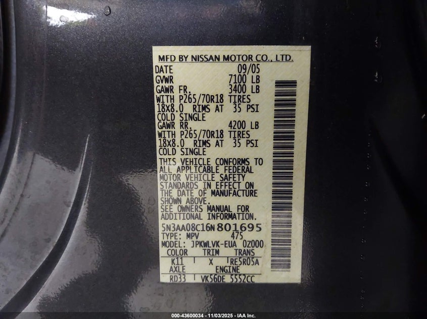 2006 Infiniti Qx56 VIN: 5N3AA08C16N801695 Lot: 43600034