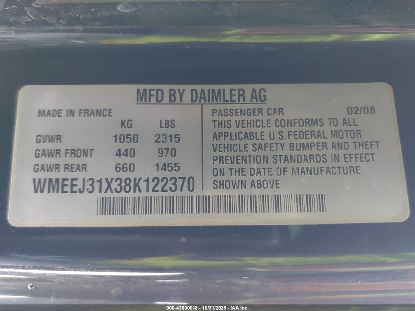 WMEEJ31X38K122370 2008 SMART FORTWO photo no. 9