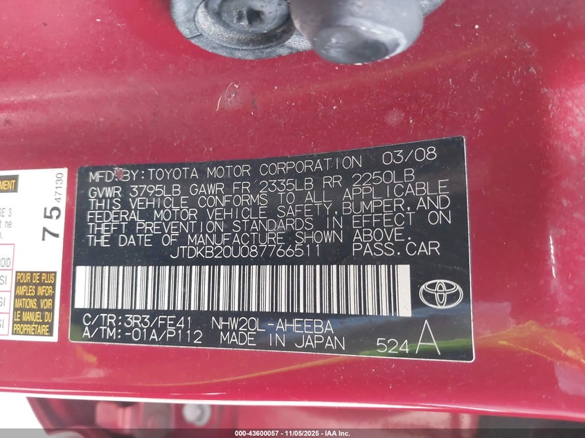 JTDKB20U087766511 2008 TOYOTA PRIUS photo no. 9
