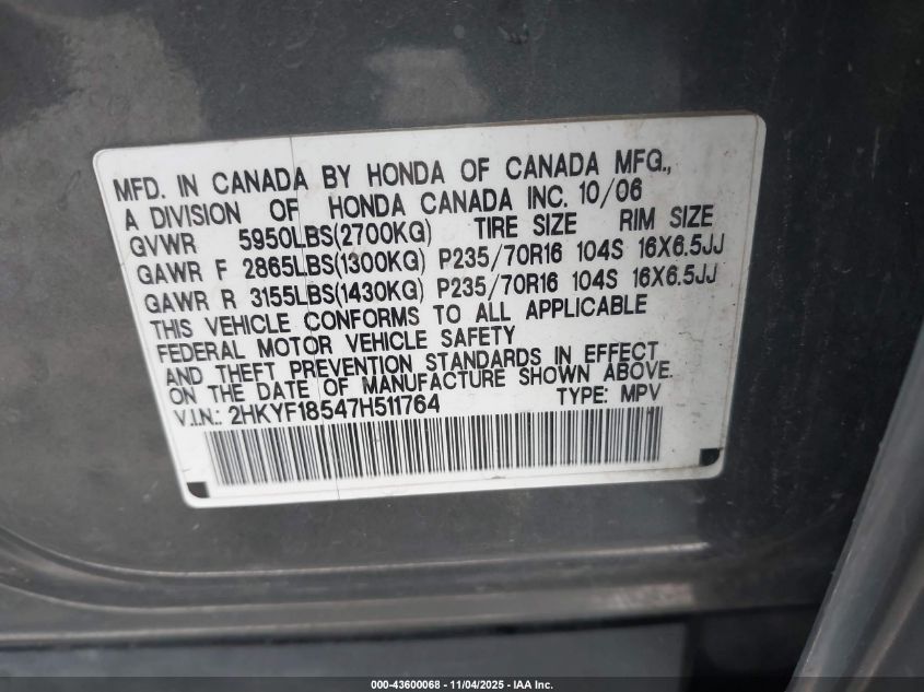 2007 Honda Pilot Ex-L VIN: 2HKYF18547H511764 Lot: 43600068