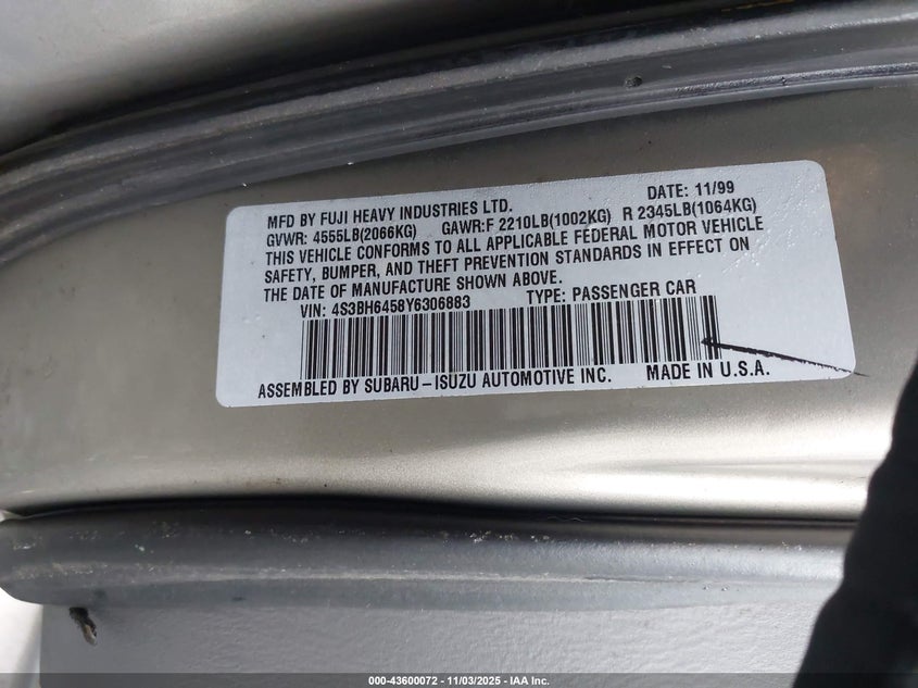 2000 Subaru Legacy Gt VIN: 4S3BH6458Y6306883 Lot: 43600072