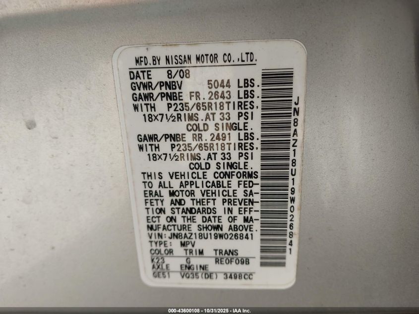 2009 Nissan Murano Sl VIN: JN8AZ18U19W026841 Lot: 43600108