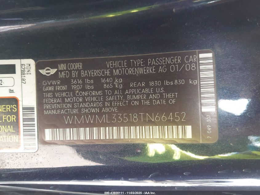 2008 Mini Cooper Clubman VIN: WMWML33518TN66452 Lot: 43600111
