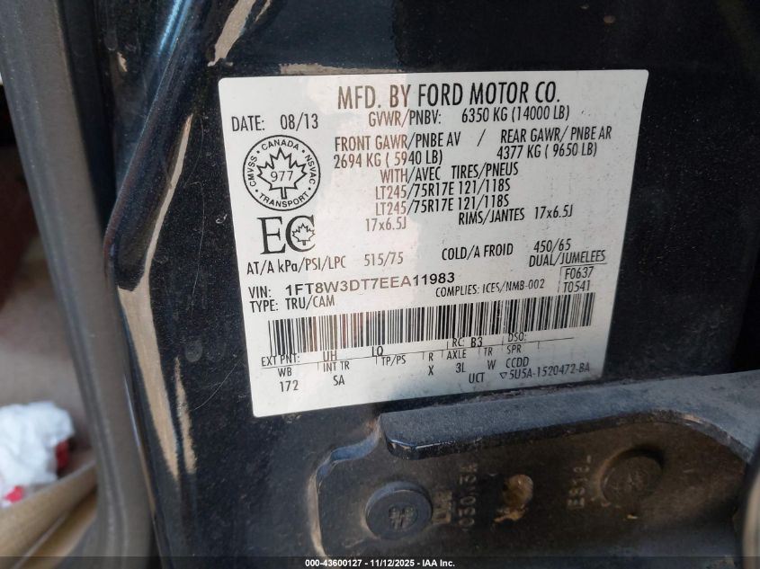 2014 Ford F-350 Lariat VIN: 1FT8W3DT7EEA11983 Lot: 43600127