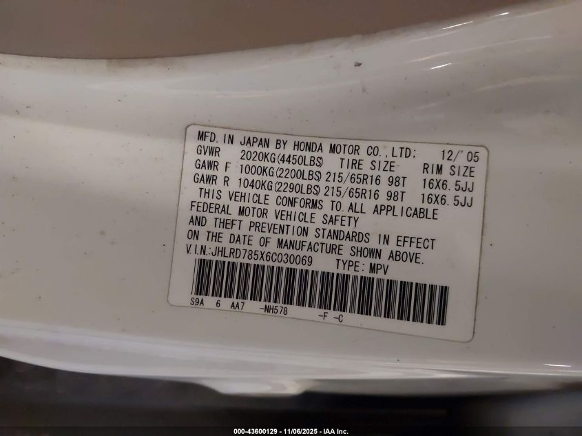2006 Honda Cr-V Lx VIN: JHLRD785X6C030069 Lot: 43600129