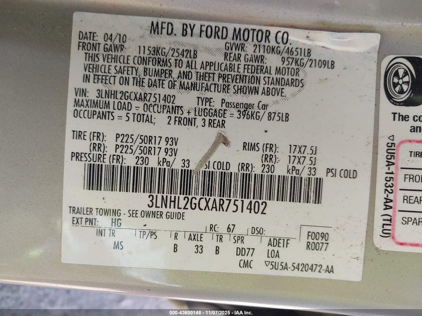 2010 Lincoln Mkz VIN: 3LNHL2GCXAR751402 Lot: 43600148