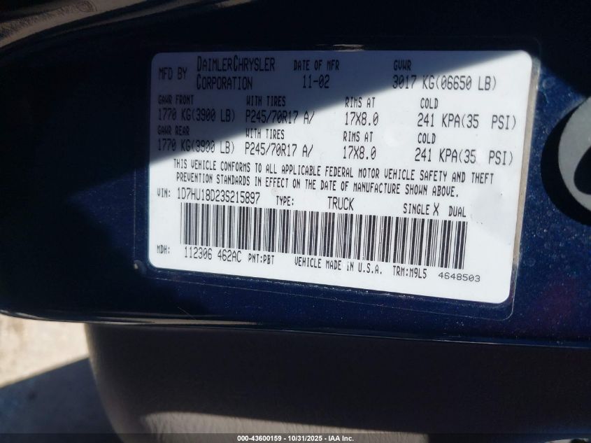 2003 Dodge Ram 1500 Slt/Laramie/St VIN: 1D7HU18D23S215897 Lot: 43600159