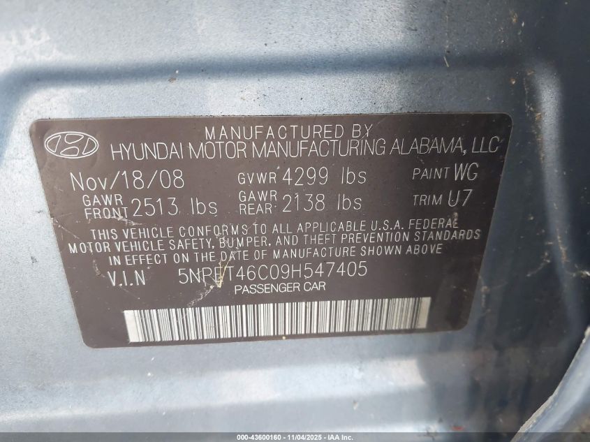 2009 Hyundai Sonata Gls VIN: 5NPET46C09H547405 Lot: 43600160