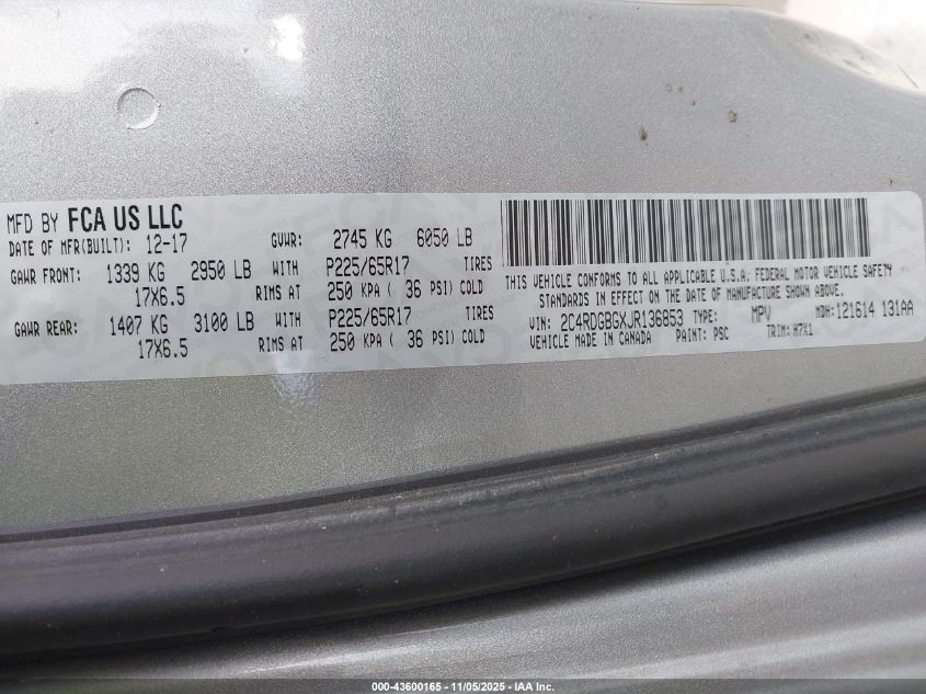 2018 Dodge Grand Caravan Se VIN: 2C4RDGBGXJR136853 Lot: 43600165