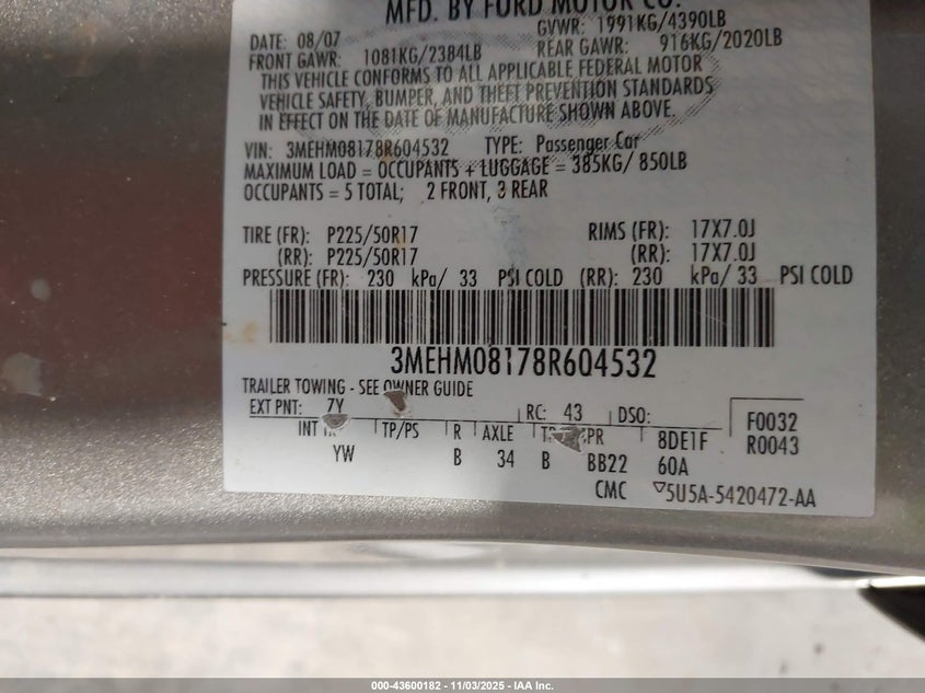 3MEHM08178R604532 2008 MERCURY MILAN photo no. 9