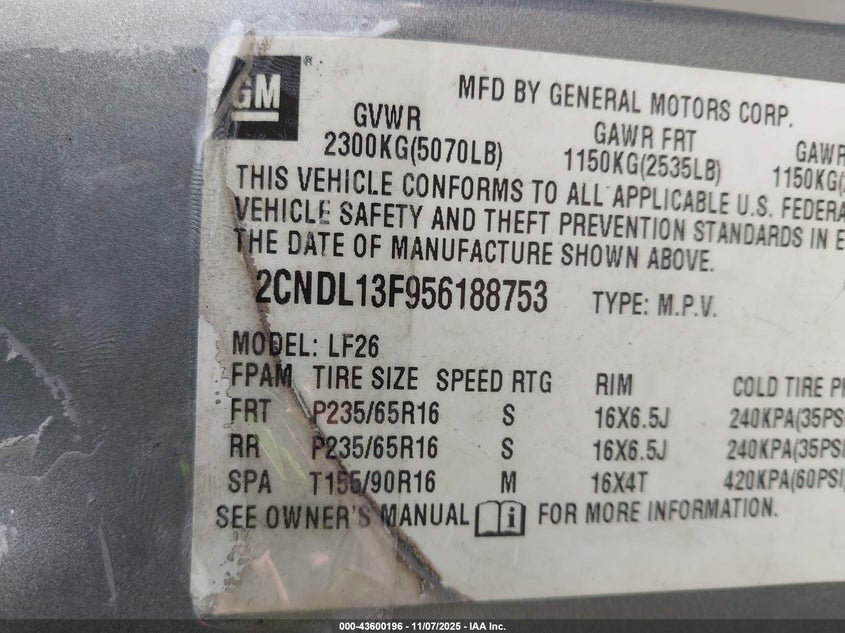 2005 Chevrolet Equinox Ls VIN: 2CNDL13F956188753 Lot: 43600196