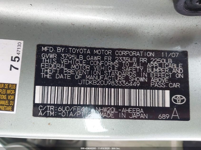 2008 Toyota Prius VIN: JTDKB20U983336449 Lot: 43600205