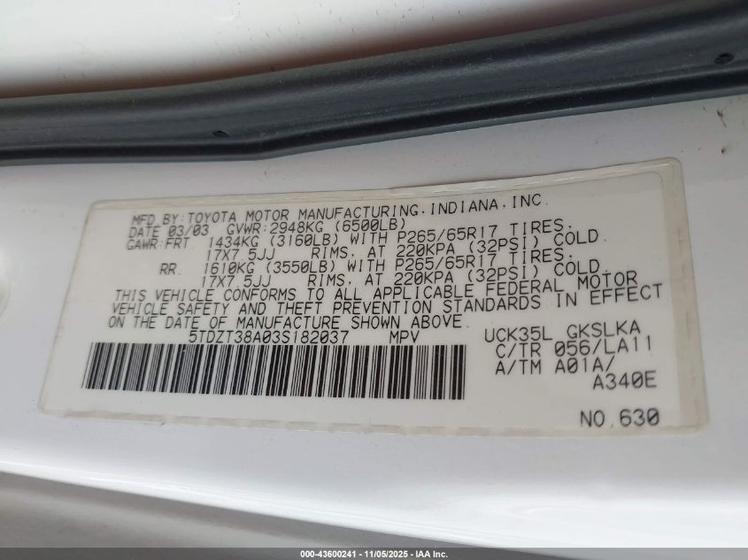 2003 Toyota Sequoia Limited V8 VIN: 5TDZT38A03S182037 Lot: 43600241