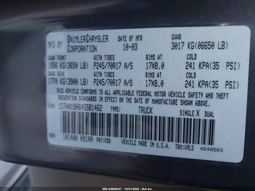 2004 Dodge Ram 1500 Slt/Laramie VIN: 1D7HA18N64S581462 Lot: 43600247