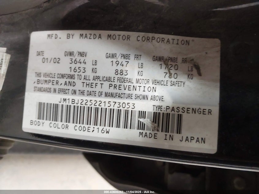 2002 Mazda Protege Dx/Es/Lx VIN: JM1BJ225221573053 Lot: 43600263