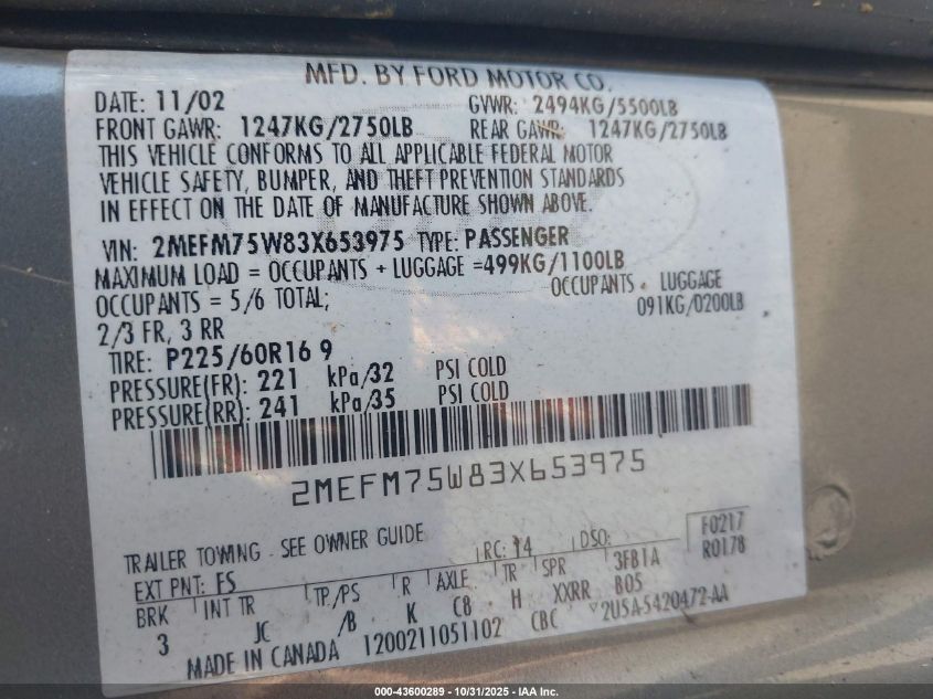 2003 Mercury Grand Marquis Ls VIN: 2MEFM75W83X653975 Lot: 43600289