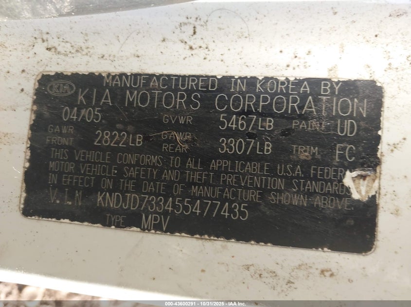 2005 Kia Sorento Ex/Lx VIN: KNDJD733455477435 Lot: 43600291