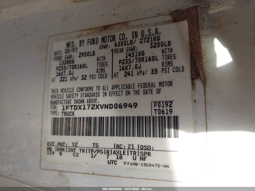 1997 Ford F-150 Standard/Xl/Xlt VIN: 1FTDX172XVND06949 Lot: 43600303