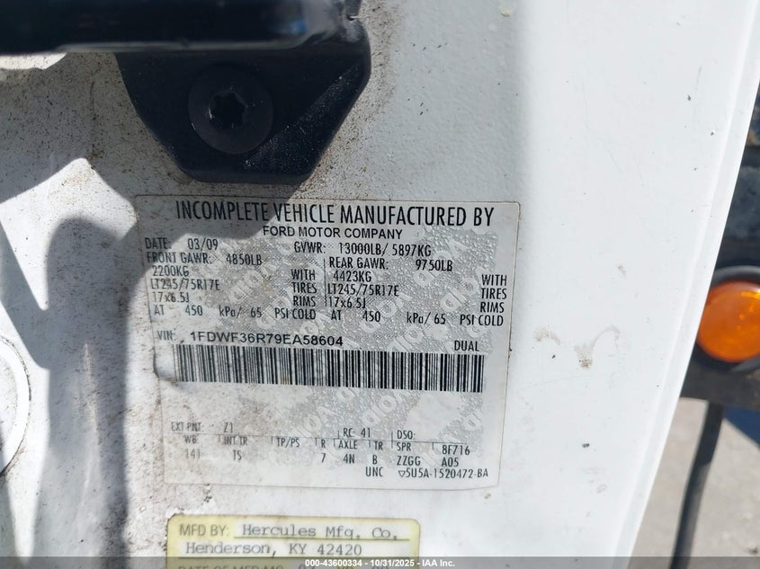 2009 Ford F-350 Chassis Xl/Xlt VIN: 1FDWF36R79EA58604 Lot: 43600334